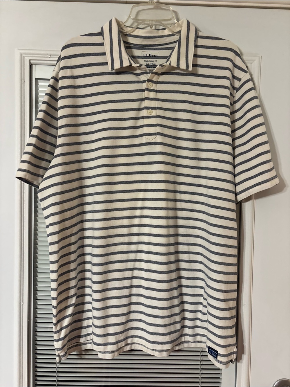 L.L. Bean Men's Cream Polo with Navy Horizontal Stripes